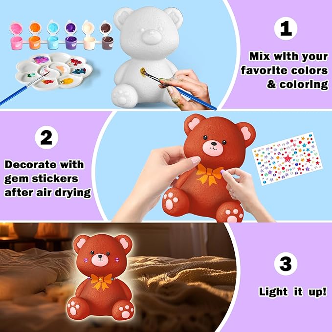 FUNZBO Paint Your Own Bear Lamp Kit - Easter Basket Stuffers, Arts and Crafts Supplies Painting Kits for Kids Teens, DIY Night Light Toy for Girls Boys Ages 3 4 5 6 7 8 9 10 11 12 Birthday Gifts