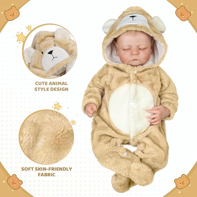 BABESIDE Reborn Baby Doll Clothes Set for 17-22 Inch Dolls Accessories, Cute Bear Baby Doll Clothes with Hat for Realistic Baby Dolls Girls & Boys, Khaki