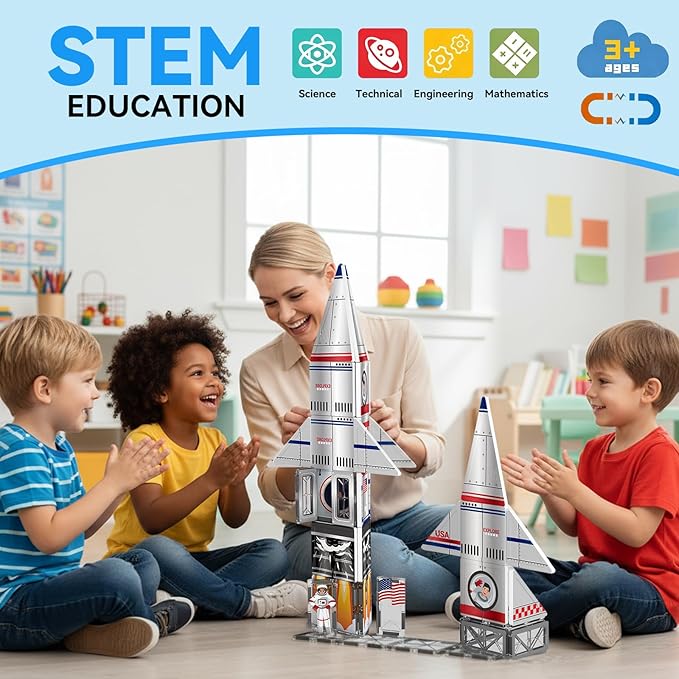 Magnetic Tiles Space Rocket Set,46 PCS Magnetic Building Blocks for Kids 3+, STEM Learning Toys, Safe & Durable Creative Construction Play, Gift for Boys & Girls