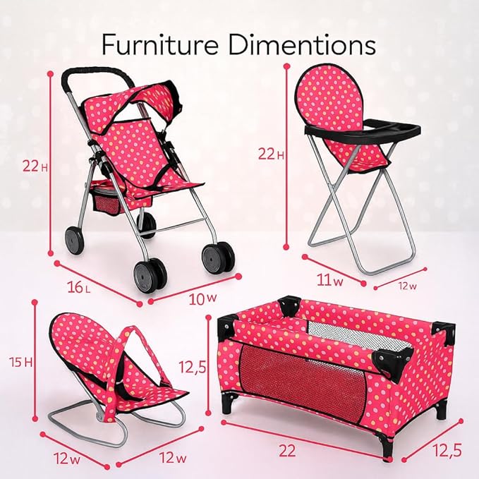 fash n kolor 4 Piece Doll Play Set, Includes - 1 Pack N Play. 2 Doll Stroller 3.Doll High Chair. 4.Infant Seat, Fits Up to 18'' Doll (4 Piece Set)