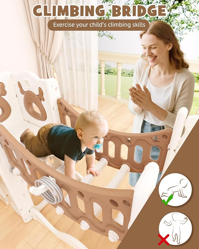 XJD Toddler Slide,11 in 1 Kids Slide for 1-3, Toddler Climbing Toys,New Upgrade with Golf Set, Basketball Hoop for Indoor Outdoor Playset (Brown White)