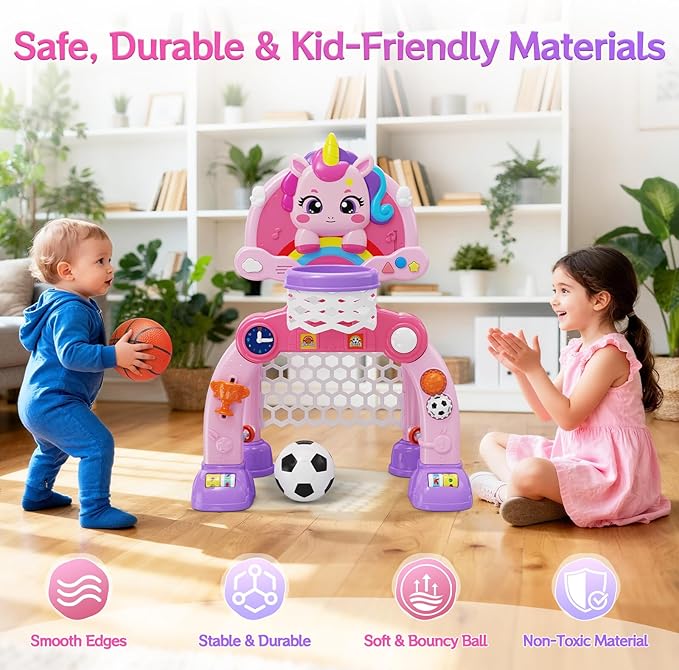 Unicorn Toddler Basketball Hoop & Soccer Goal with Light & Music, 2-in-1 Sports Toy for 1-3 Year Old Boys & Girls, Toys for 1+ Year Old Girls, Birthday for Baby Kids