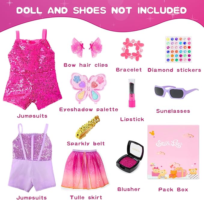 18 Inch Girl Doll Clothes and Makeup Accessories Playset, Included 2 Sets Doll Clothes, Gauze Skirt, Sunglasses, Belt, Stickers, Hair Clips, Bracelets, Eyeshadow, Lipstick, Blush (No Dolls and Shoes)
