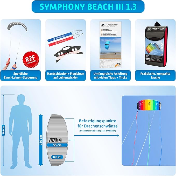 HQ Kites Symphony Beach III 1.3 Stunt Kite 51 Inch Dual - Line Sport Kite, Color: Rainbow - Active Outdoor Fun for Ages 8 and Up