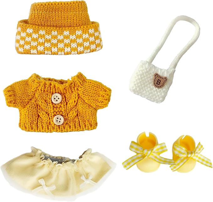 17cm Doll Clothes for Lububu,Outfits Set with Hand-Crocheted Yellow Sweater, Hat, Skirt, Shoes and Bag, Designer Clothing and Accessories for Macarons Series Dolls Dress-Up(Yellow Sweater Skirt)