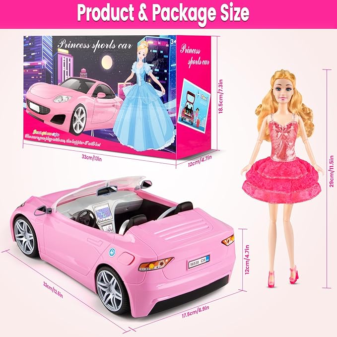 76 Pcs Doll & Convertible Car Playset,Included 11.5 in Dol-l,Car,Princess Dresses,Fashion Dresses,Casual Clothing,Swimsuits,Bags,Shoes,Doll Playset,Doll Dress up Toys for Girls Kids Toddlers Gifts