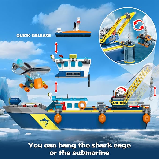 City Floatable Boat Building Set with LED Light - Ocean Arctic Explorer Ship Building Block Kit with Helicopter, Sub Exploration Toy Adventure Set Birthday Gift for Kids Boys Girls 6 7 8 9 10+