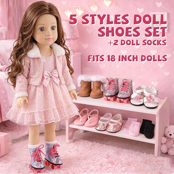 18 inch Doll Accessories, 5 Pairs of Doll Shoes+2 Socks 18” Doll Shoes Includes Snow Boots/Roller Skates/Sandals/Flip-Flops/Dance Shoes/Pink/Black Socks for American Doll Boy or Girl Dolls