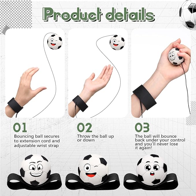 18 Pcs Wrist Return Balls on a String Face Return Sport Balls with Elastic Strap Wrist Exercise for Adults for Fun Outdoor Activity Sports Team Gifts (Soccer)