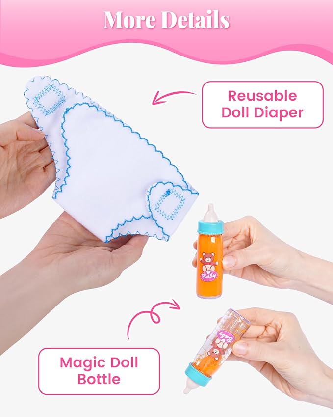 BABESIDE Baby Doll Accessories, Doll Carrier with Magic Bottle, Doll's Diaper, Pacifier – Baby Dolls Accessories Set for 12-15 Inch Dolls, Pretend Play Gift for Girls Boys Ages 3+