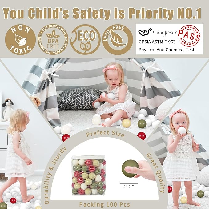 GOGOSO Ball Pit Balls for Toddler, Baby Plastic Playballs Kids Soft Pastel Pelotas Non-Toxic BPA-Free,Christmas Colors,100 Balls