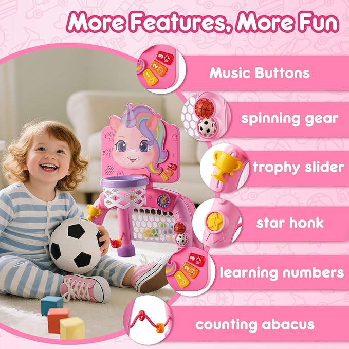 Toddler Basketball Hoop & Soccer Goal Activity Center, Interactive Toys with Light Music,Unicorn Toddlers Musical Toys Gift, Baby Birthday Easter Gifts Gift for 1 2 3 Year Old Boys Girls
