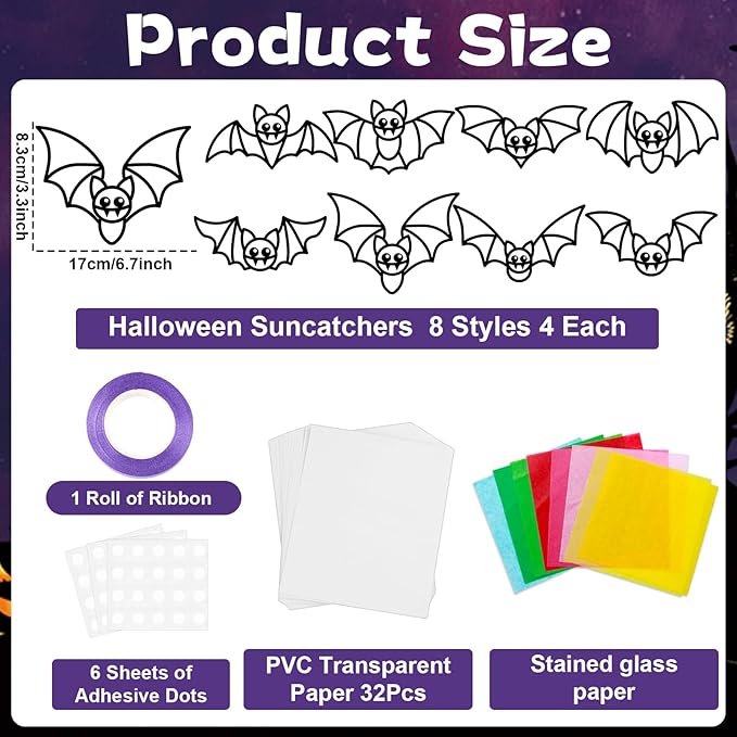 QOUBAI 32 Sets Halloween Bats Suncatchers Craft Kit DIY Window Stained Glass Effect Halloween Bats Paper Crafts Home School Classroom Decoration Kid Birthday Gift Creative Art Project Activity Game