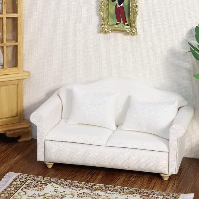 Dollhouse Couch Miniature Sofa with Pillows Dollhouse Living Room Funiture 1:12 Scale Model 3 Pcs High Simulation Upholstered Wooden Fabric Armchair Mini Room Artificial House Scene Decoration (White)