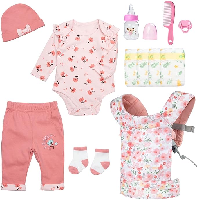 12 Pcs Reborn Baby Doll Clothes Accessories for 20-22 Inch Girl Reborn Dolls Clothes Pink Outfits with Toddler Doll Carrier (Pink)