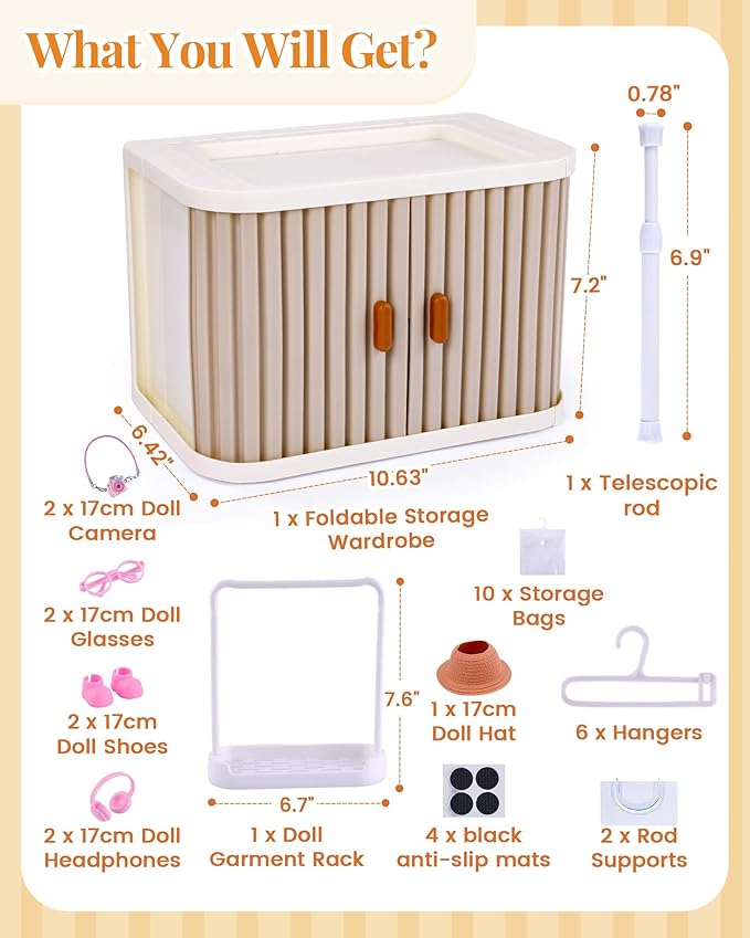 BABESIDE Portable Doll Wardrobe Storage Box for 15/17cm Baby Doll Clothes with Hangers, Telescopic Rod, Doll Glasses, Shoes, Headphones, Hat & More – Space-Saving and Dust-Proof Design