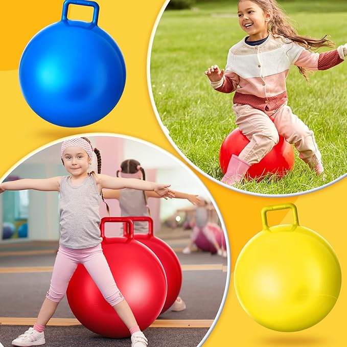 Lewtemi 3 Pcs Hopper Ball Jumping Hopping Ball, Exercise Ball Bouncing Ball with Handle and Air Pump for Outdoors Sports School Games Exercise (22 Inch,Red, Blue, Yellow)