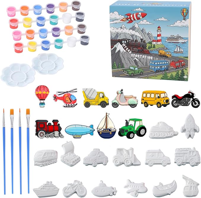 GloomGlo Transportation Theme Kids Paint Kit - White Plaster Vehicles with Complete Paint Set, Brushes & Palettes | Educational Arts Crafts Supplies