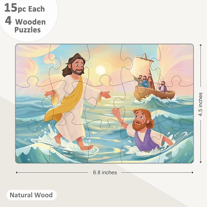 Bible Puzzles Kids, 4-in-1 Wooden Puzzles in Box, Religious Christian Toys for Toddlers, Christmas Puzzle for Kids, Jesus Walks on Water | Jesus with Children | Lost Lamb (New Testament)