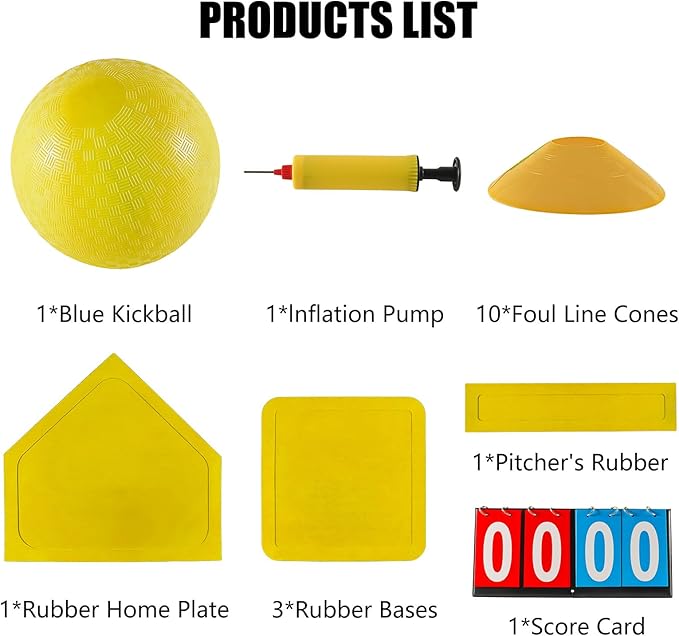 Kickball Set with Bases and Ball - 8.5" Kickball, Rubber Throw Down Bases, Sports Traning Cones, 12" Pump and 14" Scoreboard - Perfect for Kids and Adults - Playground and Backyard Game
