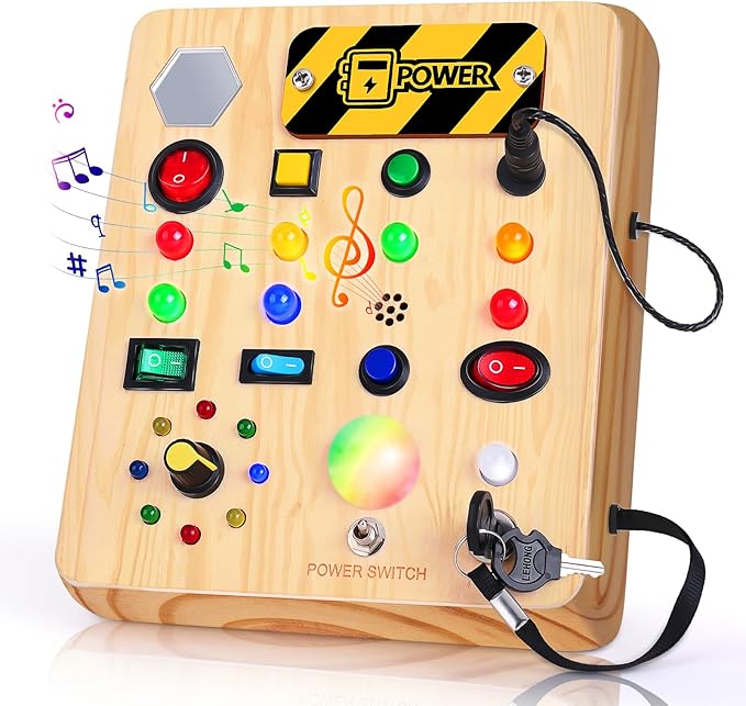 TINTECUSA Busy Board with LED Light, Wooden Sensory Toys for Toddler, Montessori Music Toy for Airplane, Travel Activity Educational Learning Autism Toys, Birthday Boys Girls Gifts