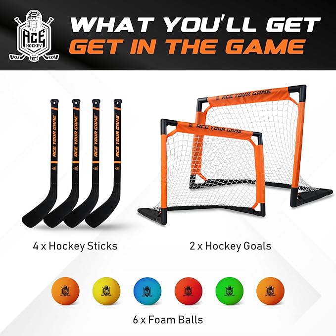 ACE HOCKEY - Shinny Hockey Set - Complete 4-Player Indoor/Outdoor Kit - Knee Hockey Goal Set (2) Goals, (2) Mini Sticks, and (6) Foam Balls - Mini Hockey Set