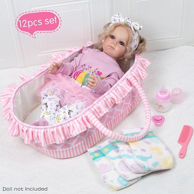 12 Pieces Reborn Baby Doll Clothes with Heart Bassinet & Diapers Accessories Set fit 17-24 Inch Girl Dolls Outdoor Dressing Outfit