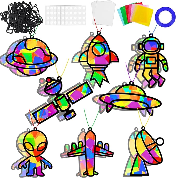 32 Sets Outer Space Suncatchers Craft Kit DIY Window Stained Glass Effect Planet Astronaut Alien Paper Crafts Home School Classroom Decoration Kid Birthday Gift Creative Art Project Activity Game