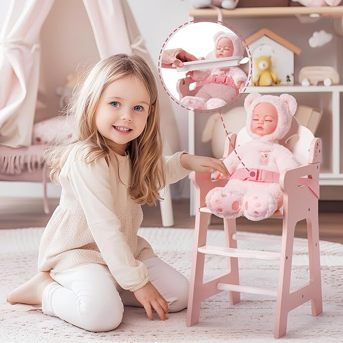ROBUD Baby Doll High Chair, Pretend Play High Chair with Seat Belt, Pink Wooden Baby Doll Accessories with Movable Tabletop, Fits 18-20 Inch Dolls