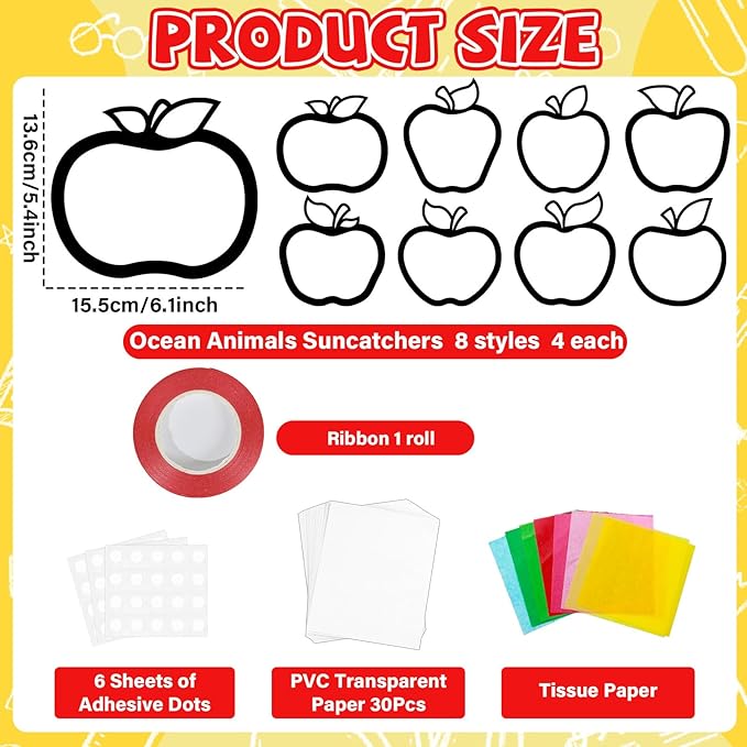 QOUBAI 32 Sets Back to School Apple Suncatchers Craft Kit DIY Window Stained Glass Effect Fall Apples Paper Craft for Home School Classroom Decor Kid Birthday Gifts Creative Art Projects Activity Game