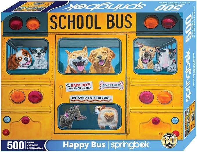 Springbok Happy Bus 500 Piece Jigsaw Puzzle for Adults and Kids - Dog Lovers Will Enjoy This Illustration by Artist Carol Luz of Lots of Happy Dogs on The schoolbus.