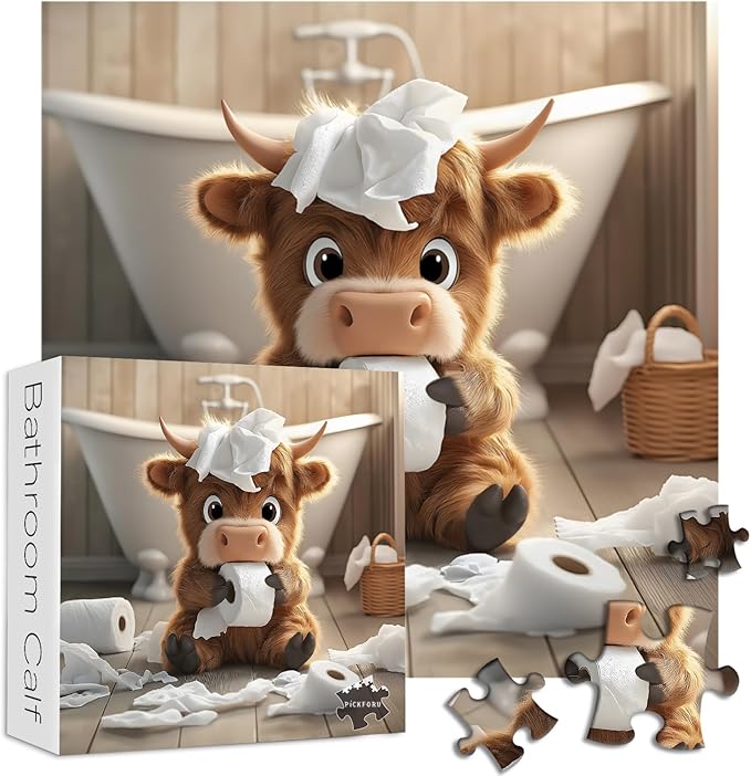 Highland Cow Puzzles for Adults 1000 Pieces,Cute Cow Jigsaw Puzzle, Funny Bathroom Calf Puzzles, Challenging Animal Theme as Wall Decor