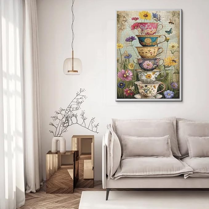 Vintage Flower Cup Puzzle for Adults 1000 Pieces, Nature Challenging Spring Floral Plant Puzzles, Retro Cups Garden Puzzle with Butterfly and Bee as Home Wall Art Decor