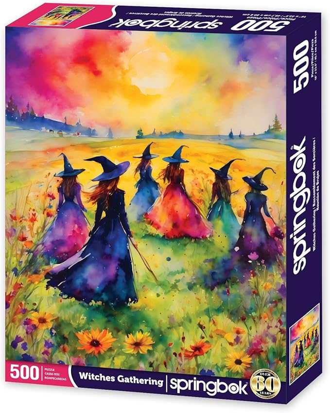 Springbok's Witches Gathering 500 Piece Puzzle for Adults is a Watercolor Image of Witches Gathering in a Blossoming Field