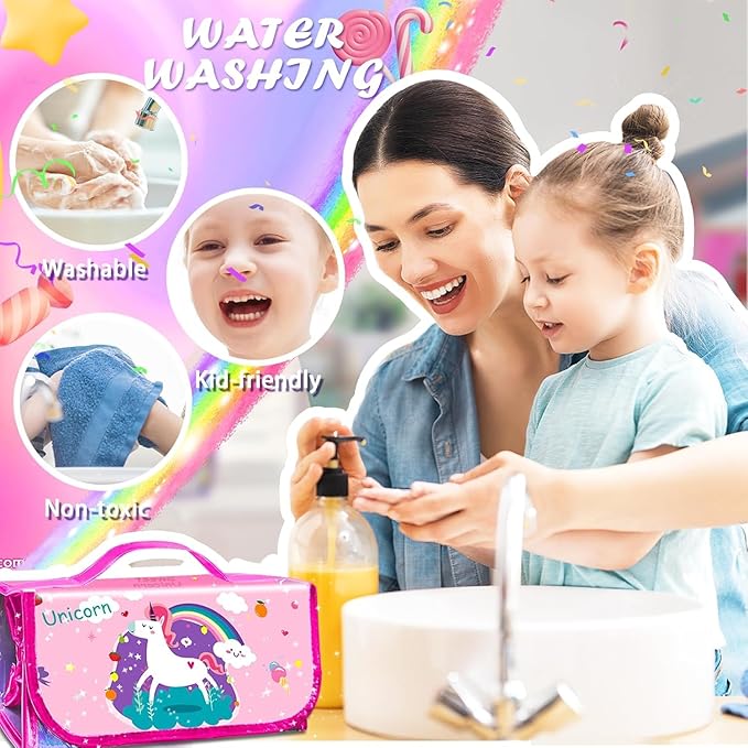 56 PCS Washable Scented Markers with Glitter Pencil Case, Mermaid Unicorn Arts and Crafts for kids 4-6-8 Kids Coloring Drawing Kits for 4-8 Years Old Girls Xmas Gifts Stocking Stuffers (Pink, 56)