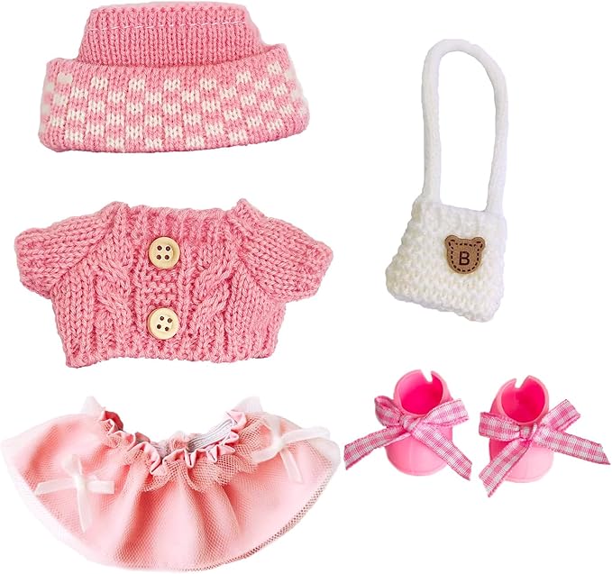 17cm Doll Clothes for Lububu,Outfits Set with Hand-Crocheted Pink Sweater, Hat, Skirt, Shoes and Bag, Designer Clothing and Accessories for Macarons Series Dolls Dress-Up(Pink Sweater Skirt)