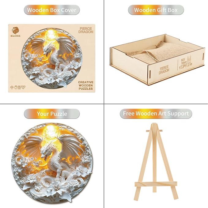 KAAYEE Wooden Puzzles for Adults, 3D Visual Fierce Dragon Wooden Jigsaw Puzzle Unique Shape Wood Puzzle Adult, 3D Effect Flat Puzzle Birthday Family Games (L-13.1 * 13.1 in-261pcs)