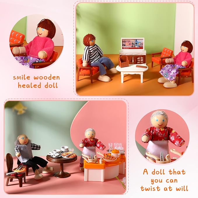 HyDren 83 Pcs Wooden Dollhouse Furniture Set with 8 Flexible Dolls for 5 Rooms Kits Kitchen, Dining, Living Room, Bedroom, Bathroom Dollhouse Accessories and Furniture Toys for Girl Boy Toddlers Gift