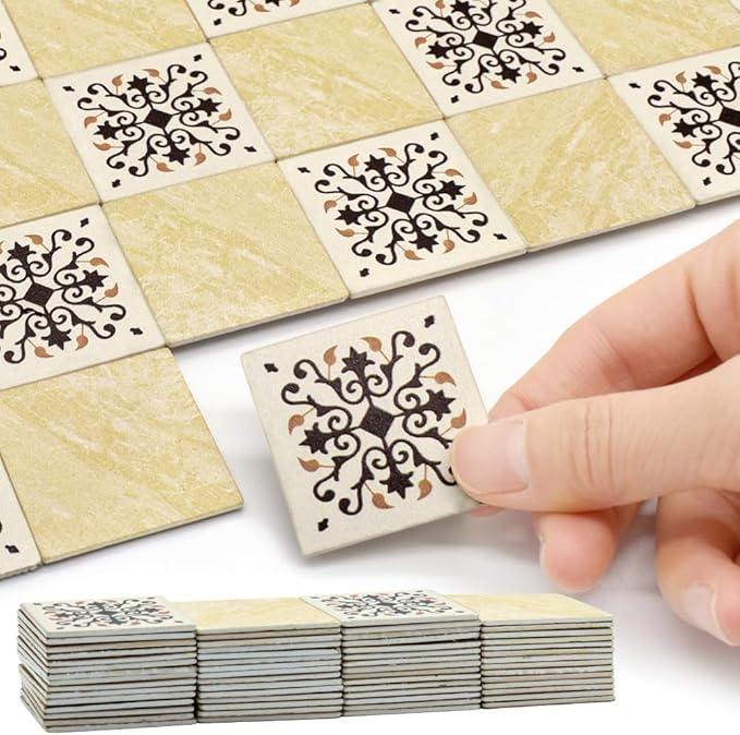 iLAND Dollhouse Flooring on 1/12 Scale 1/6 Scale, Miniature Dollhouse Accessories, 60pcs Double-Sided Dollhouse Floor Tiles (60pcs Noble Swords in Vines & Twill Marbeling)