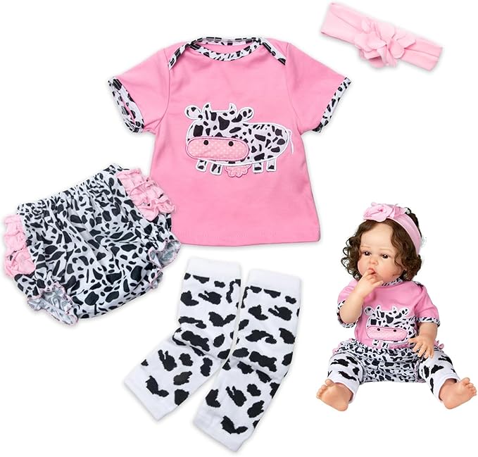 4Pcs Medylove Reborn Baby Dolls Clothes - Pink Dairy Cow Outfits for 20"-22" Reborn Dolls Neborn Baby Clothes Girl