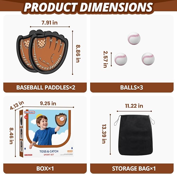 Toss and Catch Ball Set, Toddler Baseball Glove Includes 2 Paddles & 3 Sticky Balls, Catching Ball Game for Beach Yard Pool Outside, Indoor Outdoor Toys Gifts for Kids Ages 3-12, Brown