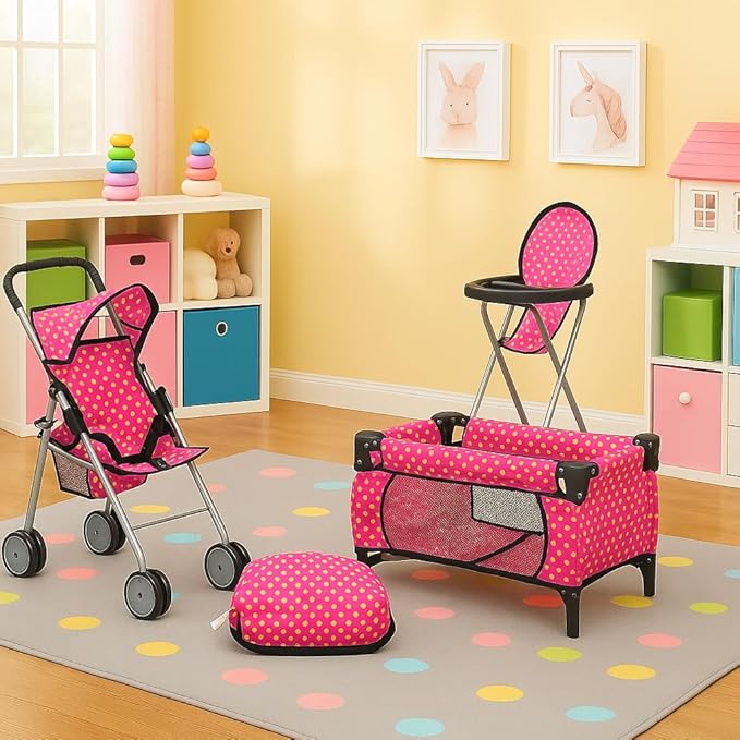 Fash n kolor 3 Piece Baby Doll Play Set – Polka-Dot Design Pack n Play, Foldable Doll Stroller, High Chair – Fits 18 Inch Dolls – Pretend Play Doll Nursery Accessories Set