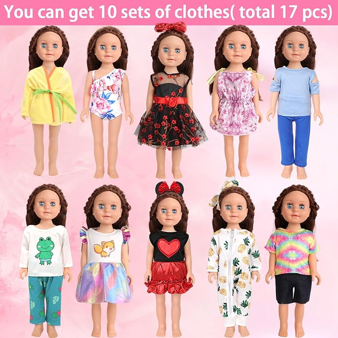 10 Sets of 18 Inch American Doll Clothes, Including 10 of Doll Clothing Dress Outfits for American Dolls, Birthday Gifts for Kids
