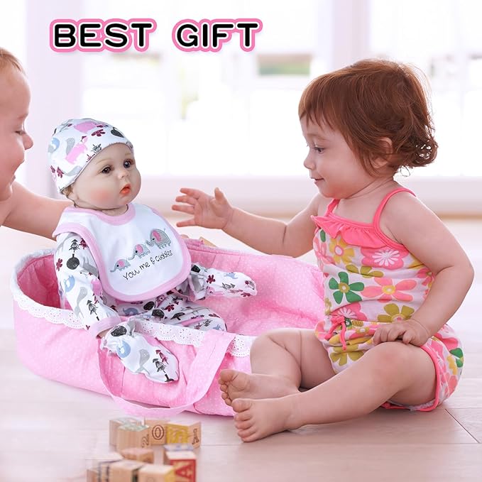 13PCS Reborn Baby Doll Clothes 17-22 Inch Pink Elephant Reborn Newborn Baby Doll Carrier Bassinet Accessories Girl Sets
