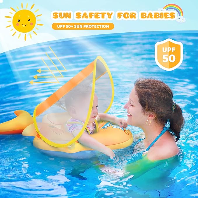 No Flip Over Baby Pool Float with Canopy UPF50+ Sun Protection, Inflatable Baby Float with Sponge Safety Support Bottom, Fun Gifts Water Toys Accessories Baby Swim Floats for Pool 3-36 Months
