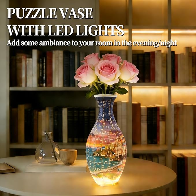 3D Puzzles Vase for Adults, Crafts for Adults, 160 Pieces Plastic DIY Unique Flower Vase with LED Light House Warming Gift Birthday Gifts for Flower Arrangements and Home Decor (Sea and House)