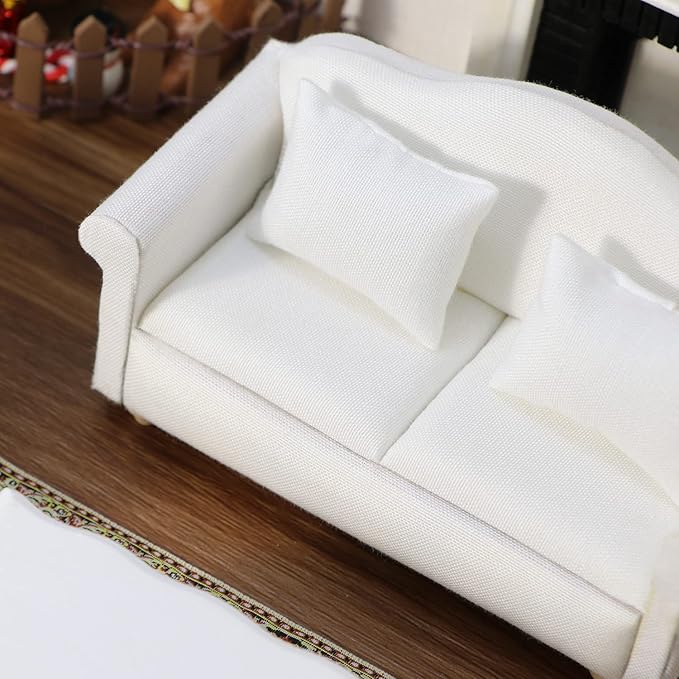 Dollhouse Couch Miniature Sofa with Pillows Dollhouse Living Room Funiture 1:12 Scale Model 3 Pcs High Simulation Upholstered Wooden Fabric Armchair Mini Room Artificial House Scene Decoration (White)