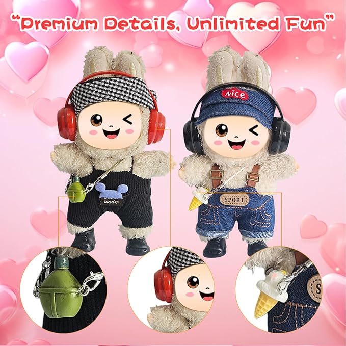 33 Pack Compatible for Labubu Clothes Outfits,Premium Labubu Accessories Case Shoes for 17cm Dolls,Labubu Birthday Party Decoration- Includes 6-Pack Doll Clothes Sets,Camera,Sunglasses