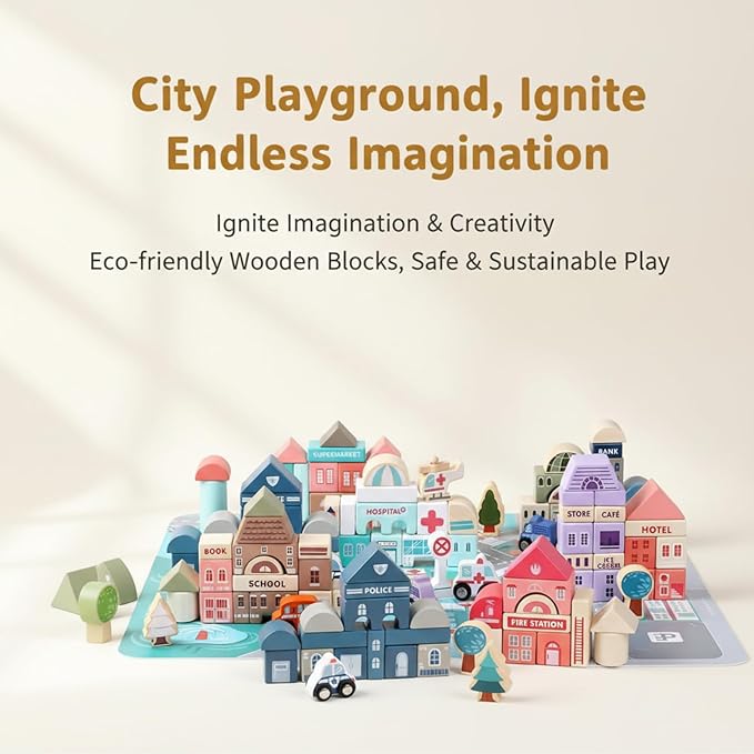 Migargle Wooden Building Blocks Set, City Construction Stacker Stacking Preschool Learning Educational Toys, Toddler Toys for 3+ Year Old Boy and Girl Gifts