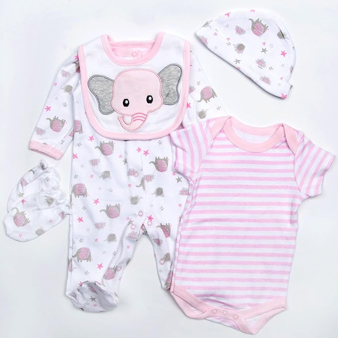 Reborn Silicone Baby Doll Clothes Realistic Outfits for 17-22 Inch Reborn Dolls Girl Pink Elephant Dolls Clothes Accessories 5-Piece Set